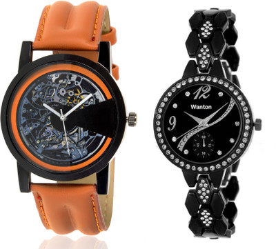 

Wanton SP-4 K-4 Black chronograph pattern dial diamond watch with Brown open machanical stylish watch for couple men and women Watch - For Boys & Girls