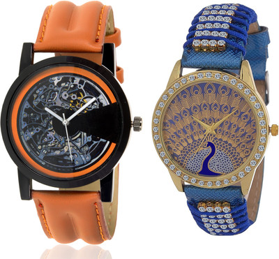 

Wanton SP-4 K-blue leather diamond studded fancy peacock watch with Brown open machanical stylish watch for couple men and women Watch - For Boys & Girls