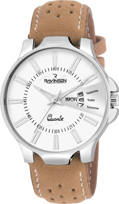 

Ravinson R3804SL02D New Day and Date White Dial Beige Leather Strap Casual Analog Wrist Watch - For Men