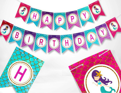 

Boston creative company Mermaid party supply bundle - Combo Birthday Pack - Cake Topper - Cup Cake Wrapper - Party poster - HAPPY BIRTHDAY Banner - Mermaid Garland - Baby shower Invitations - Serves 20 Banner(10 ft, Pack of 1)