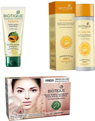 

BIOTIQUE BIO Bio Papaya Exfoliating Face Wash, Bio Aloe Vera Ultra Soothing Face Lotion SPF 30 UVA/UVB Sunscreen, Bio Pearl White Facial Kit(Set of 3)