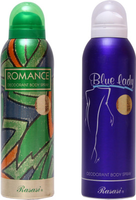 

Rasasi ROMANCE AND BLUE LADY Body Spray - For Men & Women(100 ml, Pack of 2)