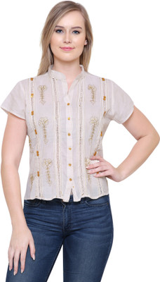 INDIA INC. Women Embroidered Casual Beige Shirt