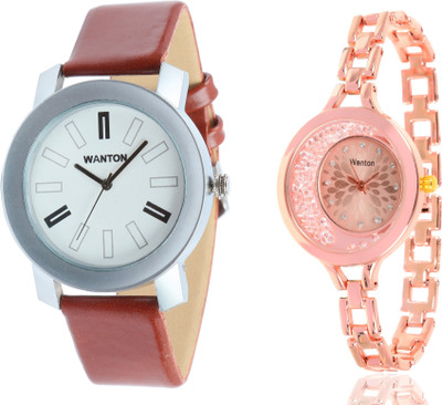 

Wanton SP-3 K-16 Rose gold moving diamond beads in dial watch with coper brown strap Silver bare dial professional watch for couple men and women Watch - For Boys & Girls