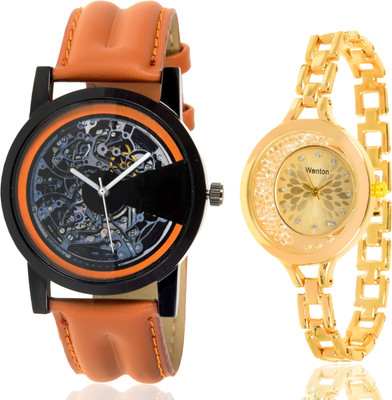 

Wanton SP-4 K-16 gold moving diamond beads in dial watch with Brown open machanical stylish watch for couple men and women Watch - For Boys & Girls