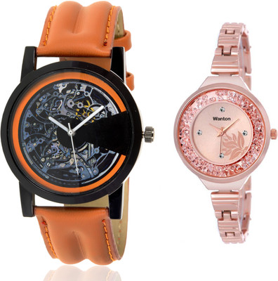 

Wanton SP-4 K-7 slim belt stylish moving diamnd in dial watch with Brown open machanical stylish watch for couple men and women Watch - For Boys & Girls