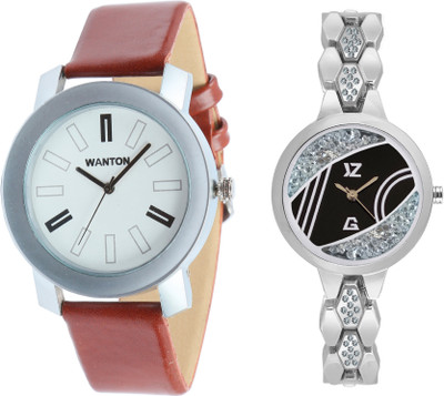 

Wanton SP-3 K-4 Silver diamond black dial fancy watch with coper brown strap Silver bare dial professional watch for couple men and women Watch - For Boys & Girls
