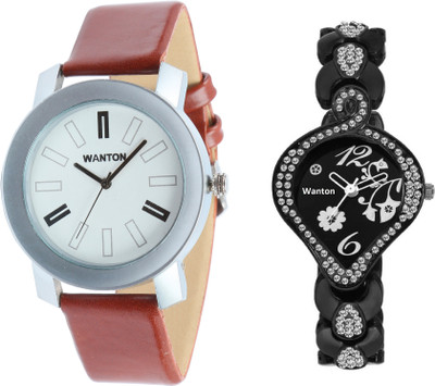 

Wanton SP-3 K-5 Black stylish flower diamond watch with coper brown strap Silver bare dial professional watch for couple men and women Watch - For Boys & Girls