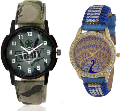 

Wanton SP-Army K-blue leather diamond studded fancy peacock watch with green army pattern military sport watch for couple men and women Watch - For Boys & Girls