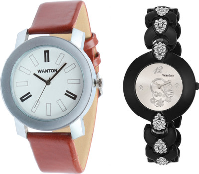 

Wanton SP-3 K-6 Black fancy diamond studded silver dial watch with coper brown strap Silver bare dial professional watch for couple men and women Watch - For Boys & Girls