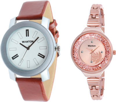 

Wanton SP-3 K-7 slim belt stylish moving diamnd in dial watch with coper brown strap Silver bare dial professional watch for couple men and women Watch - For Boys & Girls