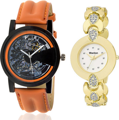 

Wanton sp-4 k-6 gold color round fancy dial watch with Brown open machanical stylish watch for couple men and women Watch - For Boys & Girls