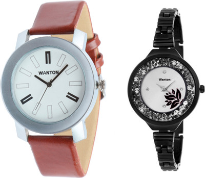 

Wanton SP-3 K-7 slim Black belt stylish moving diamnd in dial watch with coper brown strap Silver bare dial professional watch for couple men and women Watch - For Boys & Girls