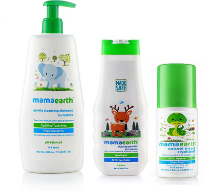 

The Mamaearth Natural Baby Shampoo 400ml,Dustin Powder 100gm,Nursing Hir Oil 100ml Combo(Green)