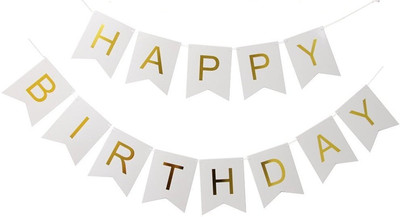 

Theme My Party Pastel Perfection White and Gold Foiled Happy Birthday Bunting Banner, Birthday Decorations, Bunting Birthday Banner (White) Banner(10 ft, Pack of 1)