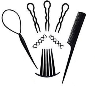 

SENECIO French pony comb, twist spiral pins, crinkle U shape sticks & topsy tail all in one combo kit of 8 Hair Accessories(Set of 8)