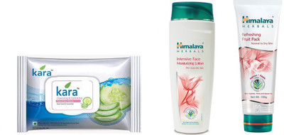 

Himalaya Kara Skin Care Wipes, Intensive Face Moisturizing Lotion, Refreshing Fruit Pack(Set of 3)