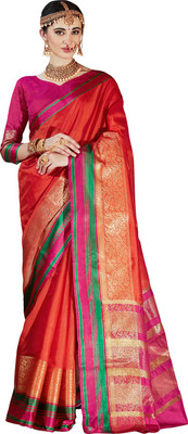 Ratnavati Striped Kanjivaram Poly Silk Saree(Red)
