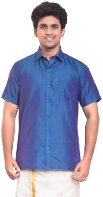 THANGAMAGAN Men Solid Formal Blue Shirt