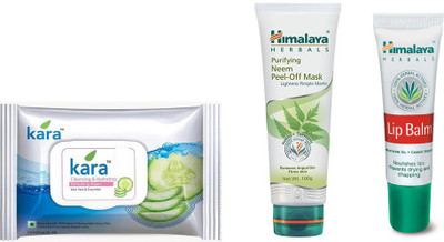 Himalaya Kara Skin Care Wipes, Purifying Neem Peel Off Mask, Lip Balm(Set of 3)