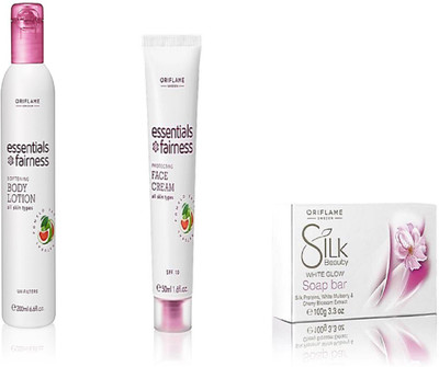 

Oriflame Sweden Essential Fairness Body Lotion UV Filters & Essentials Fairness Face Cream SPF 10 & Silk Beauty White Glow Soap Bar(Set of 3)