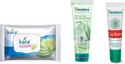 Himalaya Kara Skin Care Wipes, Moisturizing Aloe Vera Face Wash, Lip Balm(Set of 3)