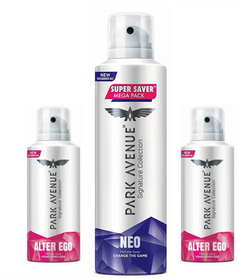 

Park Avenue 2pcs. Alter Ego 130 ml & 1pc. Mega Neo 220 ml Perfume Body Spray - For Men(367 ml, Pack of 3)