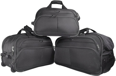 

Texas USA (Expandable) Imported Water Resistant Set of 3 (20+22+24 Inch) Duffel Bags with Inbuilt Trolley Carry it on your shoulder or pull along as a trolley bag ! Duffel Strolley Bag(Black)