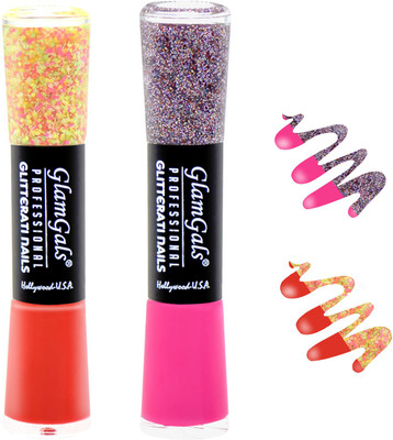 

GlamGals combo of 2 Glitterati Nail Polish Orange, Pink(Pack of 2)