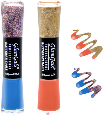 

GlamGals combo of 2 Glitterati Nail Polish Blue, Peach(Pack of 2)