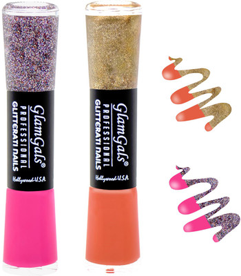 

GlamGals combo of 2 Glitterati Nail Polish Pink, Peach(Pack of 2)