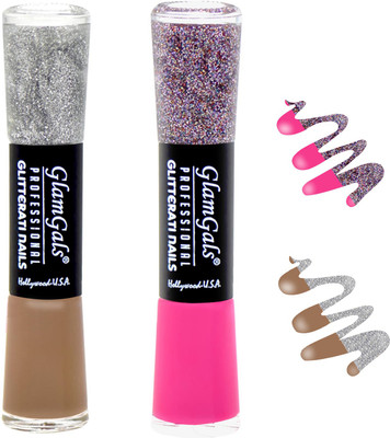 

GlamGals combo of 2 Glitterati Nail Polish Coffee, Pink(Pack of 2)