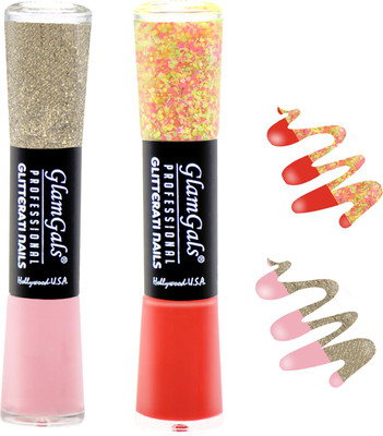 

GlamGals combo of 2 Glitterati Nail Polish LightPink, Orange(Pack of 2)