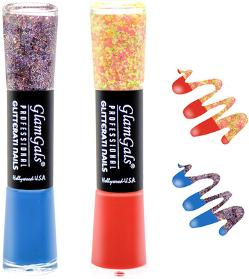 

GlamGals combo of 2 Glitterati Nail Polish Blue, Orange(Pack of 2)
