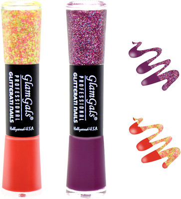 

GlamGals combo of 2 Glitterati Nail Polish Orange, Purple(Pack of 2)