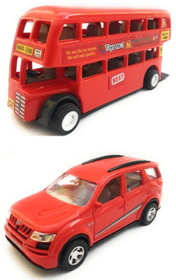 

The Game begins Combo Toys of Double Decker Bus (Mini, Small Size) and Mahindra XUV 500 Car Toy | Miniature/Model Toys | Pull back and Go | Openable Doors | Red Color(Red)
