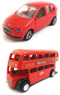 

The Game begins Combo Toys of Indica Car and Double Decker Bus (Mini, Small Size) Toy | Miniature/Model Toys | Pull back and Go | Openable Doors | Red Color(Red)