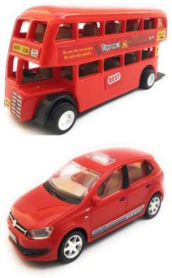 

The Game begins Combo Toys of Double Decker Bus (Mini, Small Size) and Polo Car Toy | Miniature/Model Toys | Pull back and Go | Openable Doors | Red Color(Red)