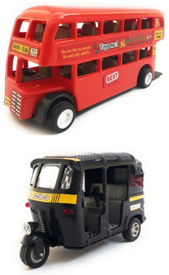 

The Game begins Combo Toys of Double Decker Bus (Mini, Small Size) and Auto Rickshaw Toy | Pull back and Go | Red and Black Color(Multicolor)