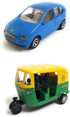 

The Game begins Combo Toys of Indica Car and Auto Rickshaw Toy | Miniature/Model Toys | Pull back and Go | Openable Doors | Blue and Green Color(Multicolor)