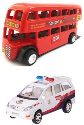 

The Game begins Combo Toys of Double Decker Bus (Mini, Small Size) and Police Car Toy | Miniature/Model Toys | Pull back and Go | Openable Doors | Red and White Color(Multicolor)