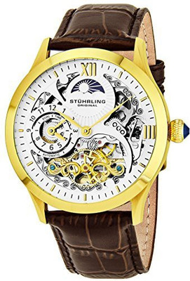 

Stuhrling Original White9270 St�hrling Original Mens Gold Tone Stainless Steel Automatic Watch, White Skeleton Dial, Yellow Gold Accents, Dual Time, AM/PM Sun Moon, Brown Leather Band, 571 Series Watch - For Men