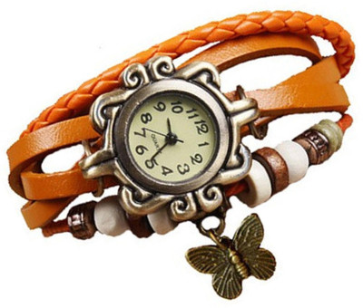 

Mettle Fancy Orange Leather Hand Knit Vintage Watches Dress Bracelet Women Girls Ladies Clover Pendant Retro.1801-ORG011 Watch - For Women