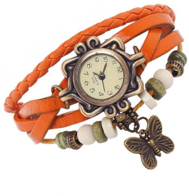 

Mettle Fancy Orange Leather Hand Knit Vintage Watches Dress bracelet Women Girls Ladies clover Pendant Retro.1801-ORG004 Watch - For Girls