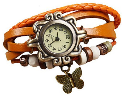 

Mettle Fancy Orange Leather Hand Knit Vintage Watches Dress Bracelet Women Girls Ladies Clover Pendant Retro.1801-ORG009 Watch - For Women