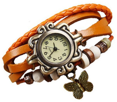 

Mettle Fancy Orange Leather Hand Knit Vintage Watches Dress Bracelet Women Girls Ladies Clover Pendant Retro.1801-ORG012 Watch - For Women