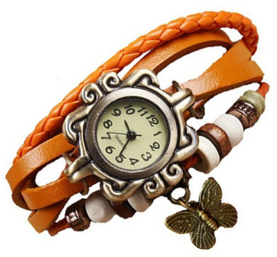 

Mettle Fancy Orange Leather Hand Knit Vintage Watches Dress Bracelet Women Girls Ladies Clover Pendant Retro.1801-ORG013 Watch - For Women