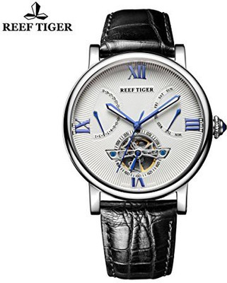 

REEF TIGER White 2277 Reef Tiger Men's Tourbillon Watch with Date Day Steel White Dial Leather Strap Watch RGA191 Watch - For Men