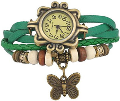 

Mettle Fancy Green Leather Hand Knit Vintage Watches Dress Bracelet Women Girls Ladies Clover Pendant Retro.1801-GRN009 Watch - For Women