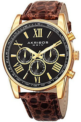 

Akribos XXIV Black 2262 Akribos XXIV Men's AK864YGBR Two Time Zone Gold Tone and Brown Leather Strap Watch Watch - For Men